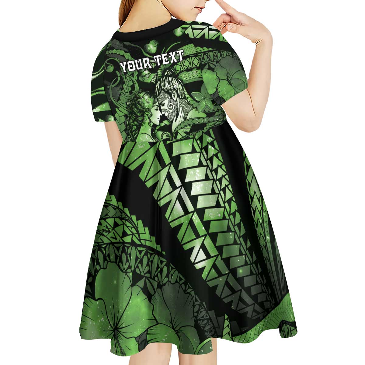Personalised Maori Romantic Valentine Kid Short Sleeve Dress The Hongi Kiss Green Galaxy
