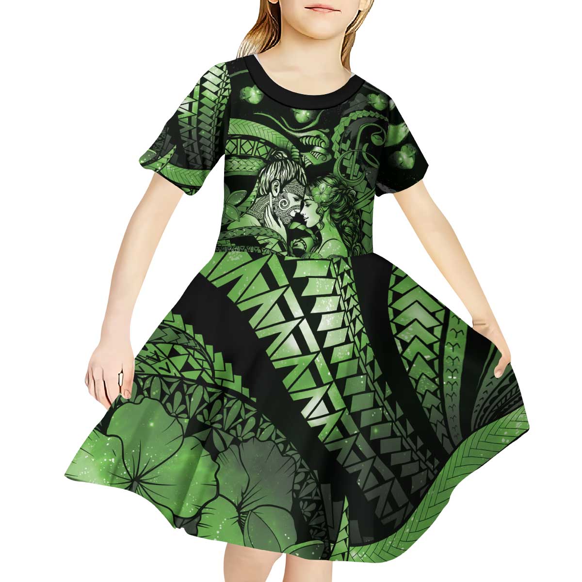 Personalised Maori Romantic Valentine Kid Short Sleeve Dress The Hongi Kiss Green Galaxy