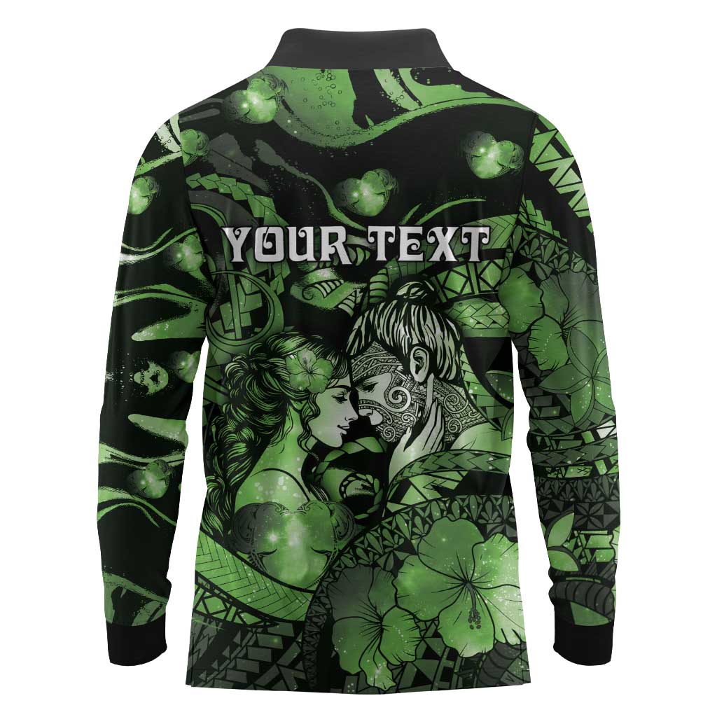 Personalised Maori Romantic Valentine Long Sleeve Polo Shirt The Hongi Kiss Green Galaxy