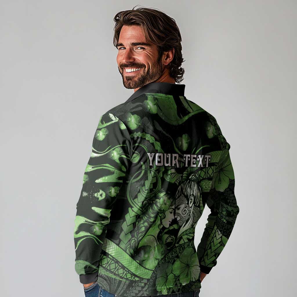Personalised Maori Romantic Valentine Long Sleeve Polo Shirt The Hongi Kiss Green Galaxy