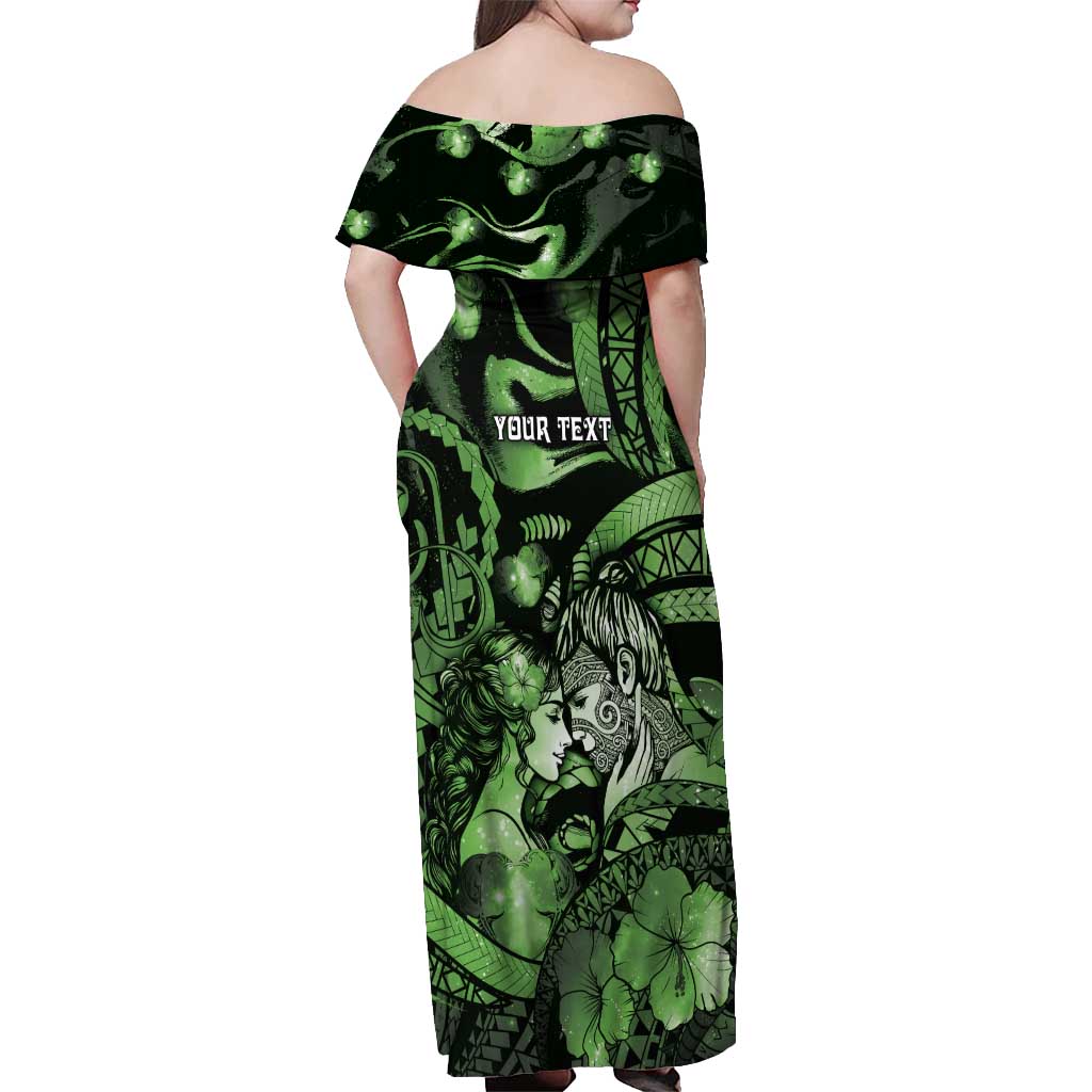 Personalised Maori Romantic Valentine Off Shoulder Maxi Dress The Hongi Kiss Green Galaxy