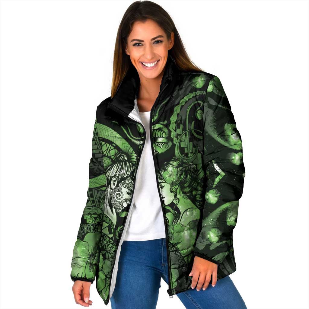 Personalised Maori Romantic Valentine Padded Jacket The Hongi Kiss Green Galaxy