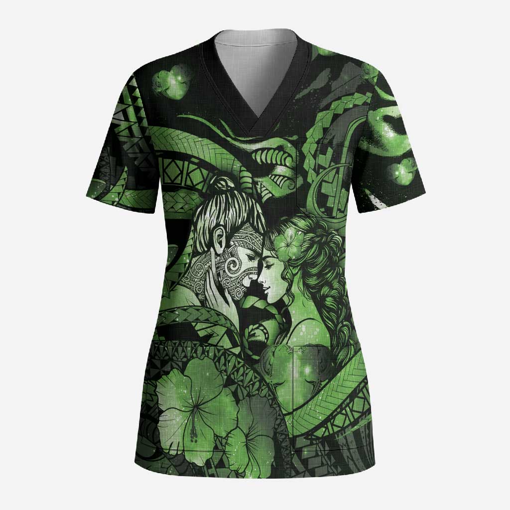 Personalised Maori Romantic Valentine Scrub Top The Hongi Kiss Green Galaxy DT05 Adult Green - Polynesian Pride