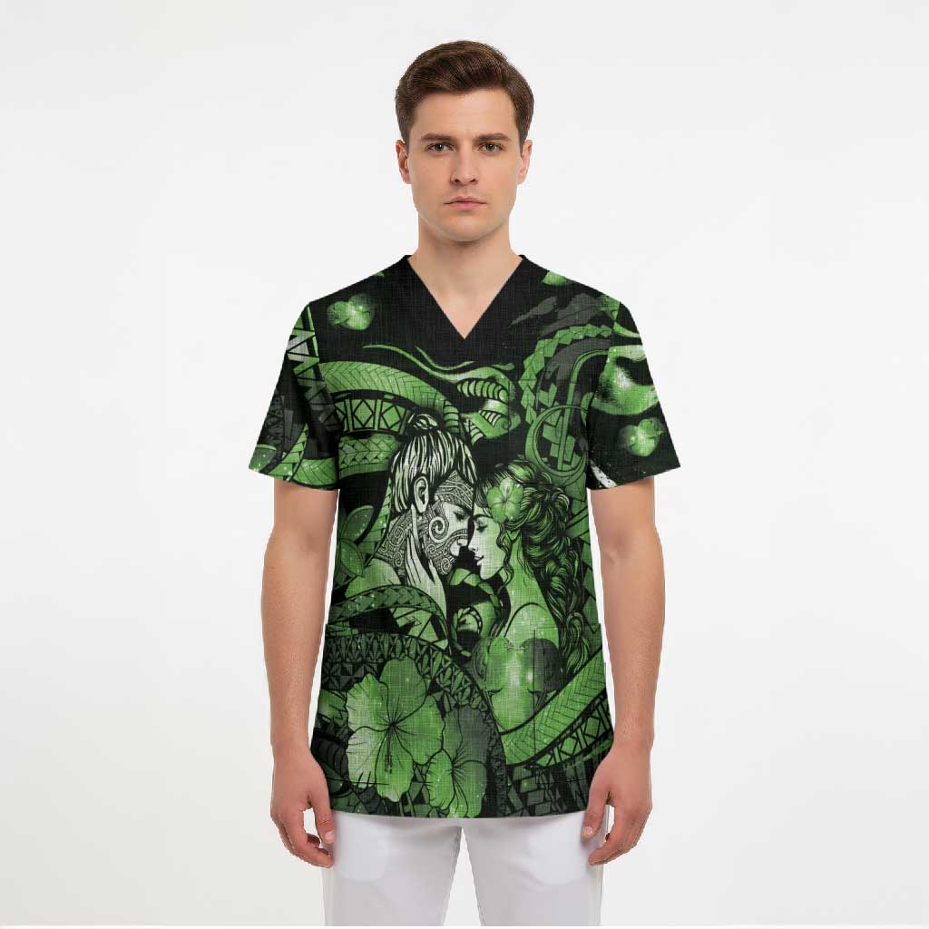Personalised Maori Romantic Valentine Scrub Top The Hongi Kiss Green Galaxy