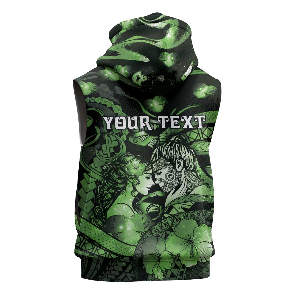 Personalised Maori Romantic Valentine Sleeveless Hoodie The Hongi Kiss Green Galaxy