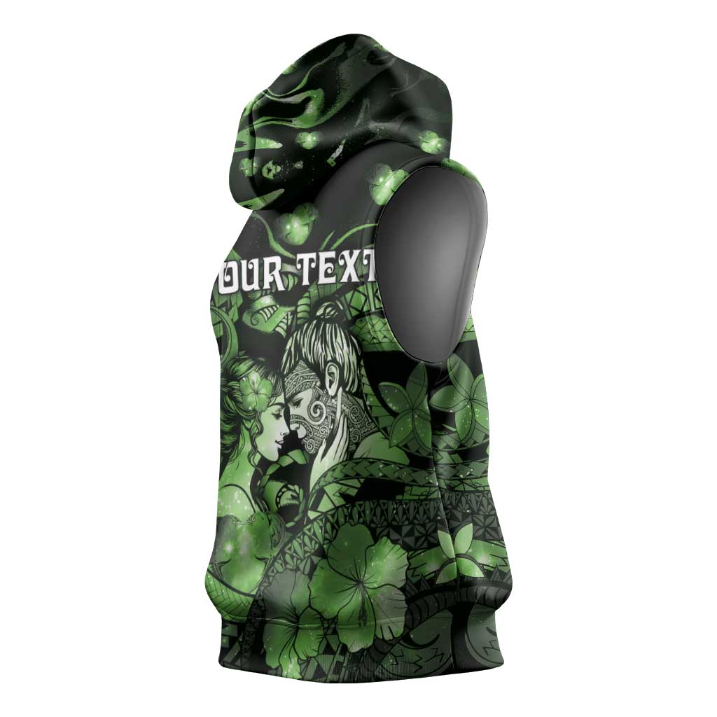 Personalised Maori Romantic Valentine Sleeveless Hoodie The Hongi Kiss Green Galaxy
