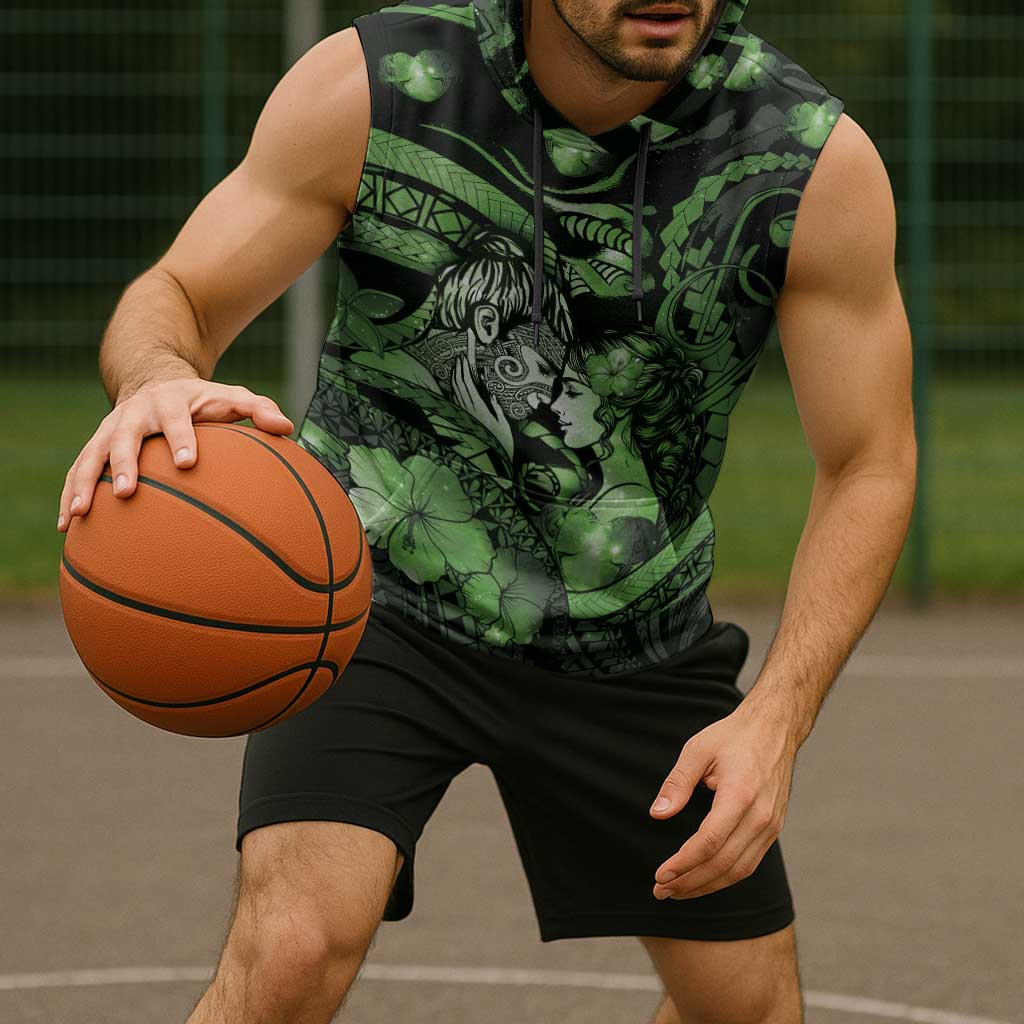 Personalised Maori Romantic Valentine Sleeveless Hoodie The Hongi Kiss Green Galaxy