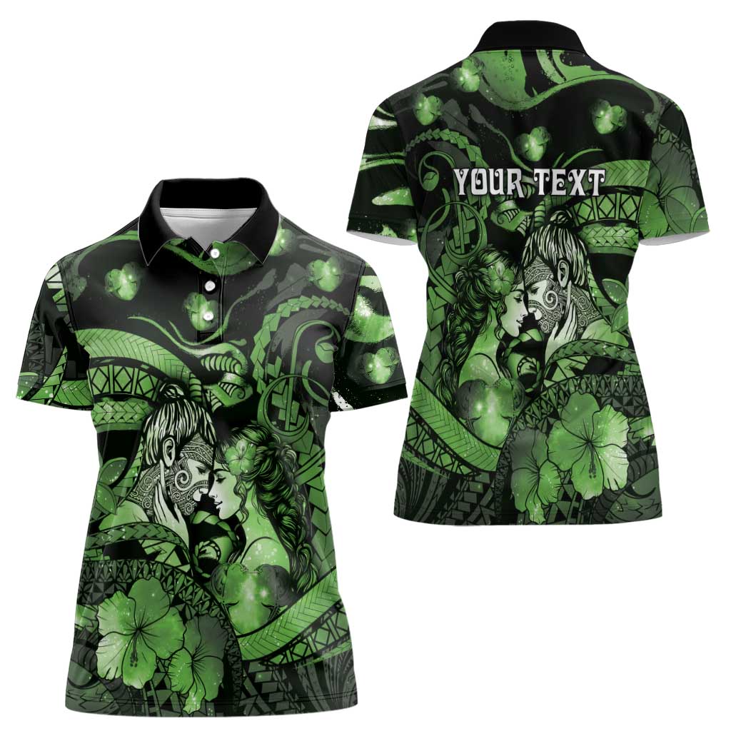 Personalised Maori Romantic Valentine Women Polo Shirt The Hongi Kiss Green Galaxy