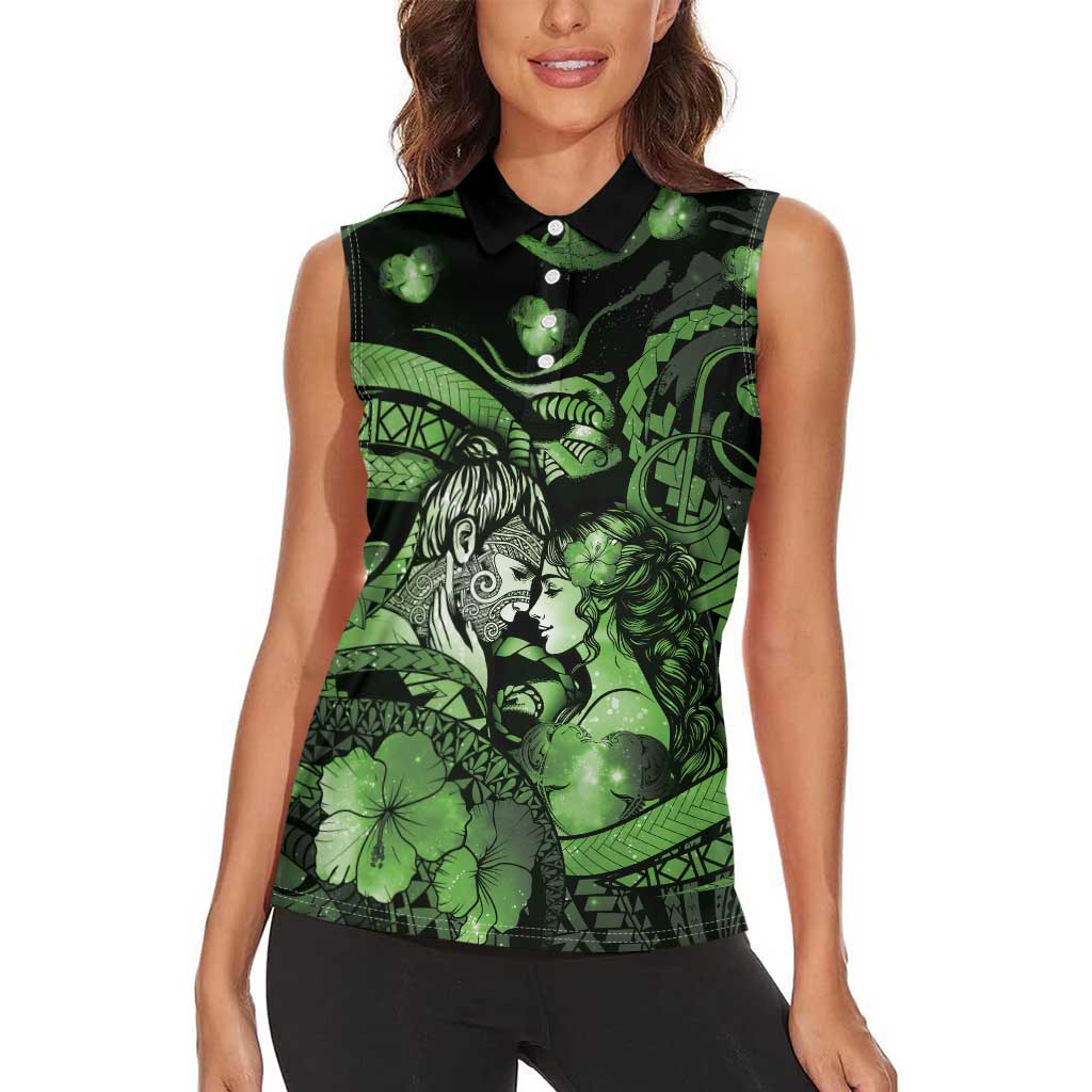 Personalised Maori Romantic Valentine Women Sleeveless Polo Shirt The Hongi Kiss Green Galaxy