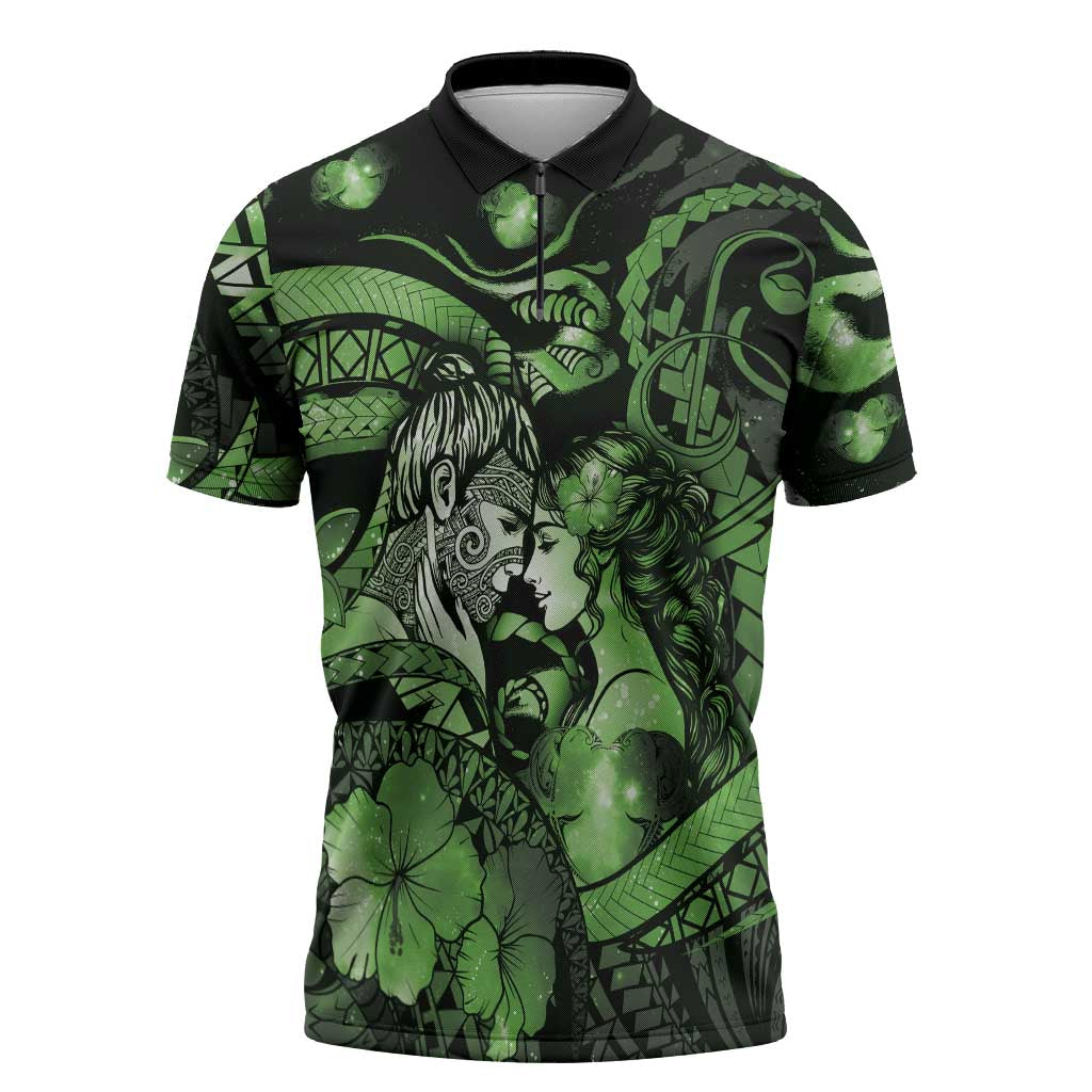 Personalised Maori Romantic Valentine Zipper Polo Shirt The Hongi Kiss Green Galaxy