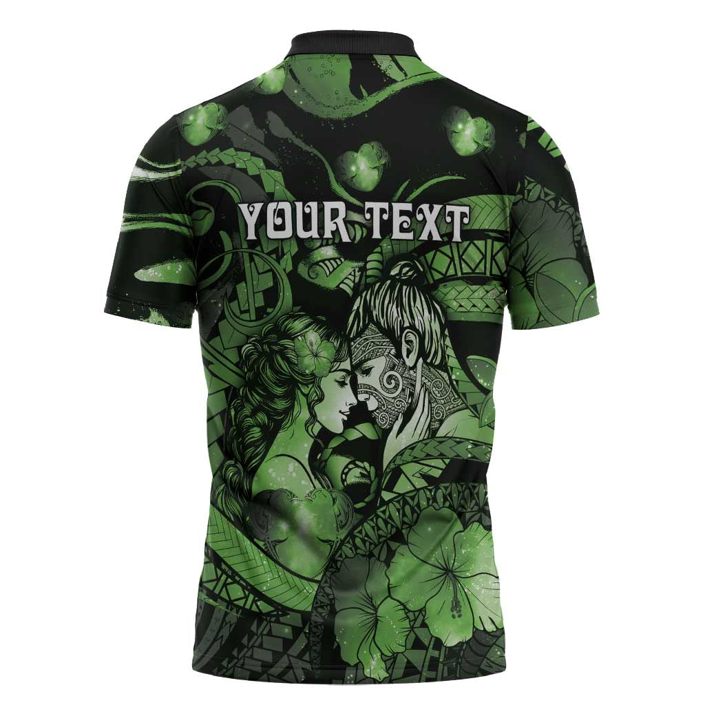 Personalised Maori Romantic Valentine Zipper Polo Shirt The Hongi Kiss Green Galaxy