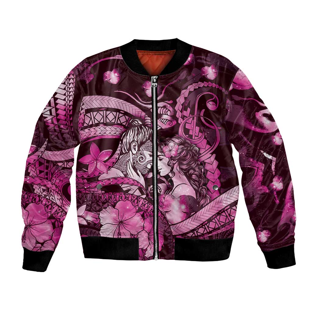 Personalised Maori Romantic Valentine Bomber Jacket The Hongi Kiss Pink Galaxy