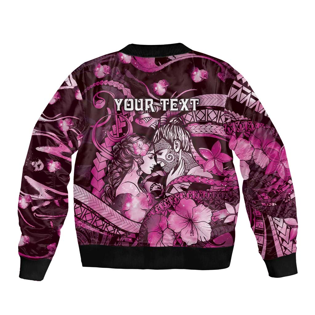 Personalised Maori Romantic Valentine Bomber Jacket The Hongi Kiss Pink Galaxy