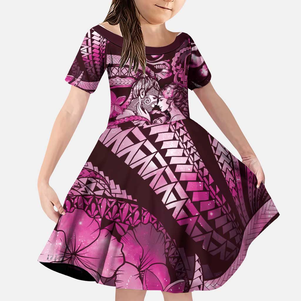 Personalised Maori Romantic Valentine Family Matching Off Shoulder Short Dress and Hawaiian Shirt The Hongi Kiss Pink Galaxy DT05 Daughter's Dress Pink - Polynesian Pride