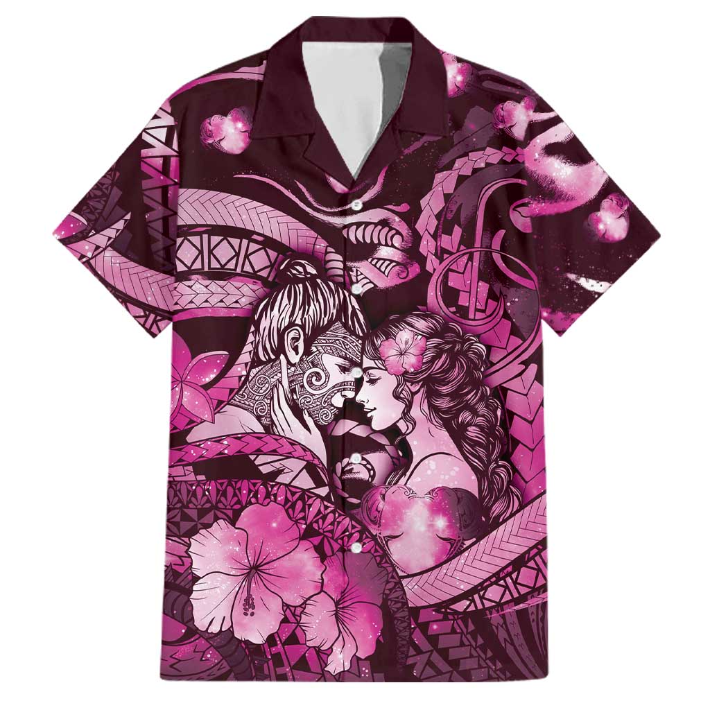 Personalised Maori Romantic Valentine Family Matching Off Shoulder Short Dress and Hawaiian Shirt The Hongi Kiss Pink Galaxy DT05 Dad's Shirt - Short Sleeve Pink - Polynesian Pride