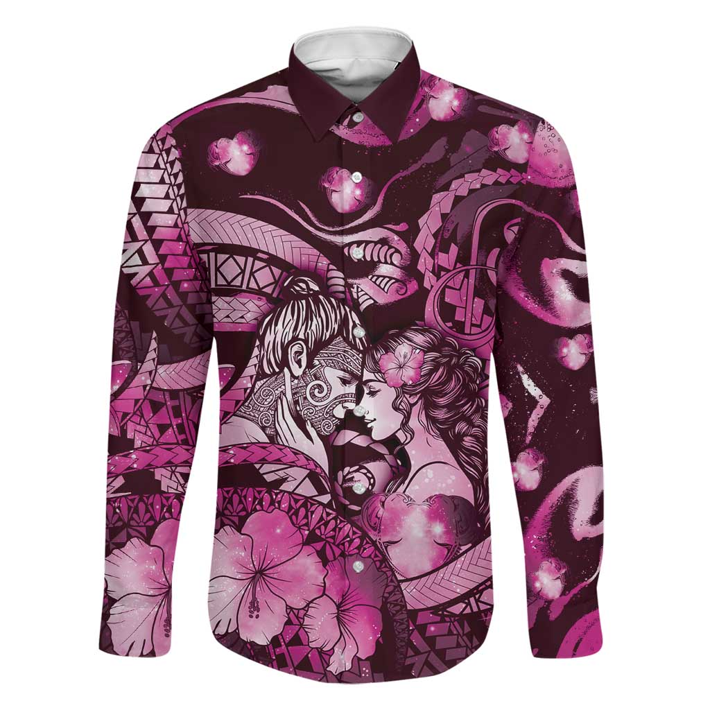 Personalised Maori Romantic Valentine Family Matching Off Shoulder Short Dress and Hawaiian Shirt The Hongi Kiss Pink Galaxy DT05 Dad's Shirt - Long Sleeve Pink - Polynesian Pride