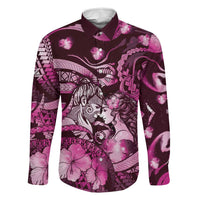 Personalised Maori Romantic Valentine Family Matching Off Shoulder Short Dress and Hawaiian Shirt The Hongi Kiss Pink Galaxy DT05 Dad's Shirt - Long Sleeve Pink - Polynesian Pride