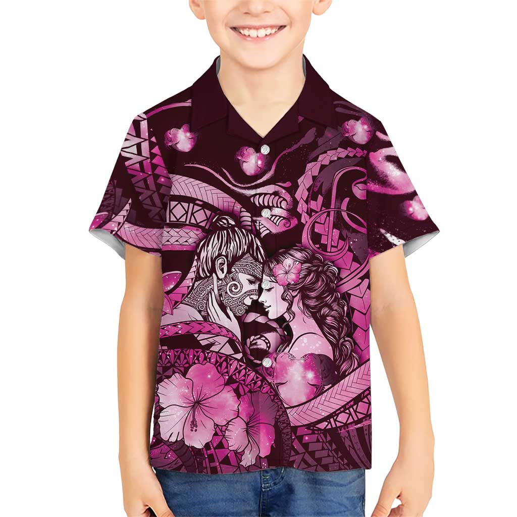 Personalised Maori Romantic Valentine Hawaiian Shirt The Hongi Kiss Pink Galaxy DT05 - Polynesian Pride