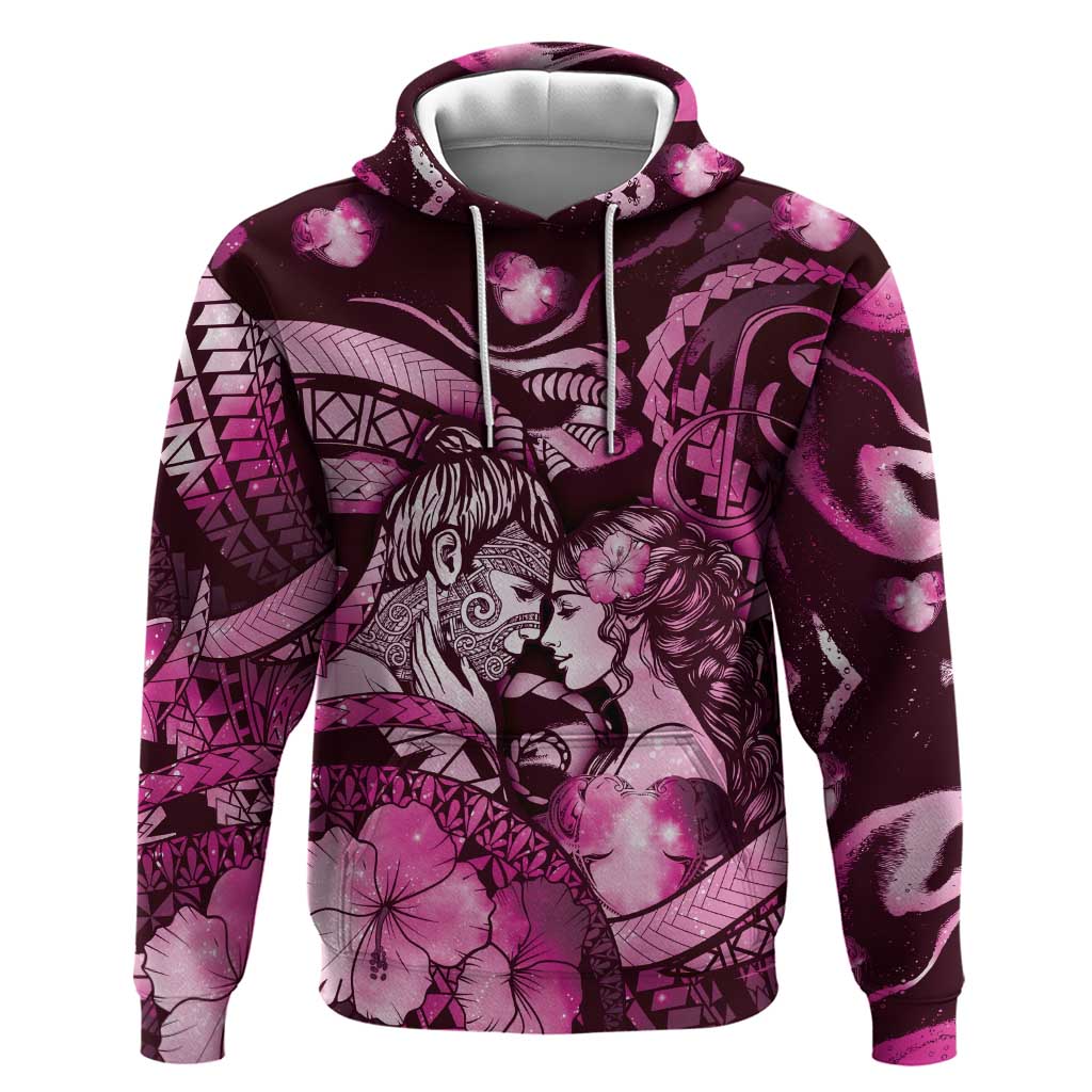Personalised Maori Romantic Valentine Hoodie The Hongi Kiss Pink Galaxy DT05 Pullover Hoodie Pink - Polynesian Pride