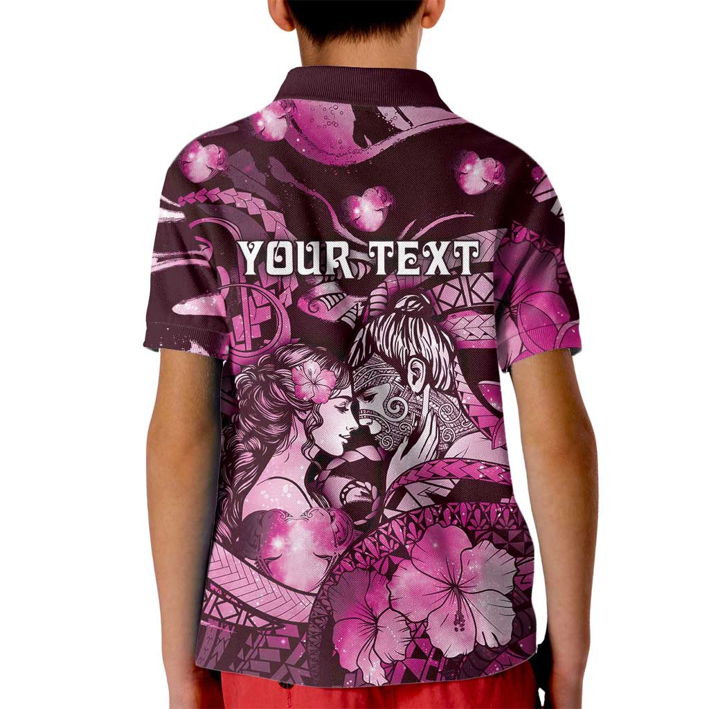 Personalised Maori Romantic Valentine Kid Polo Shirt The Hongi Kiss Pink Galaxy