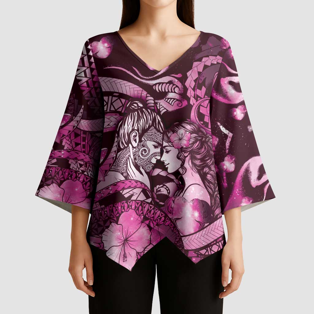 Personalised Maori Romantic Valentine Kimono Sleeve Blouse The Hongi Kiss Pink Galaxy