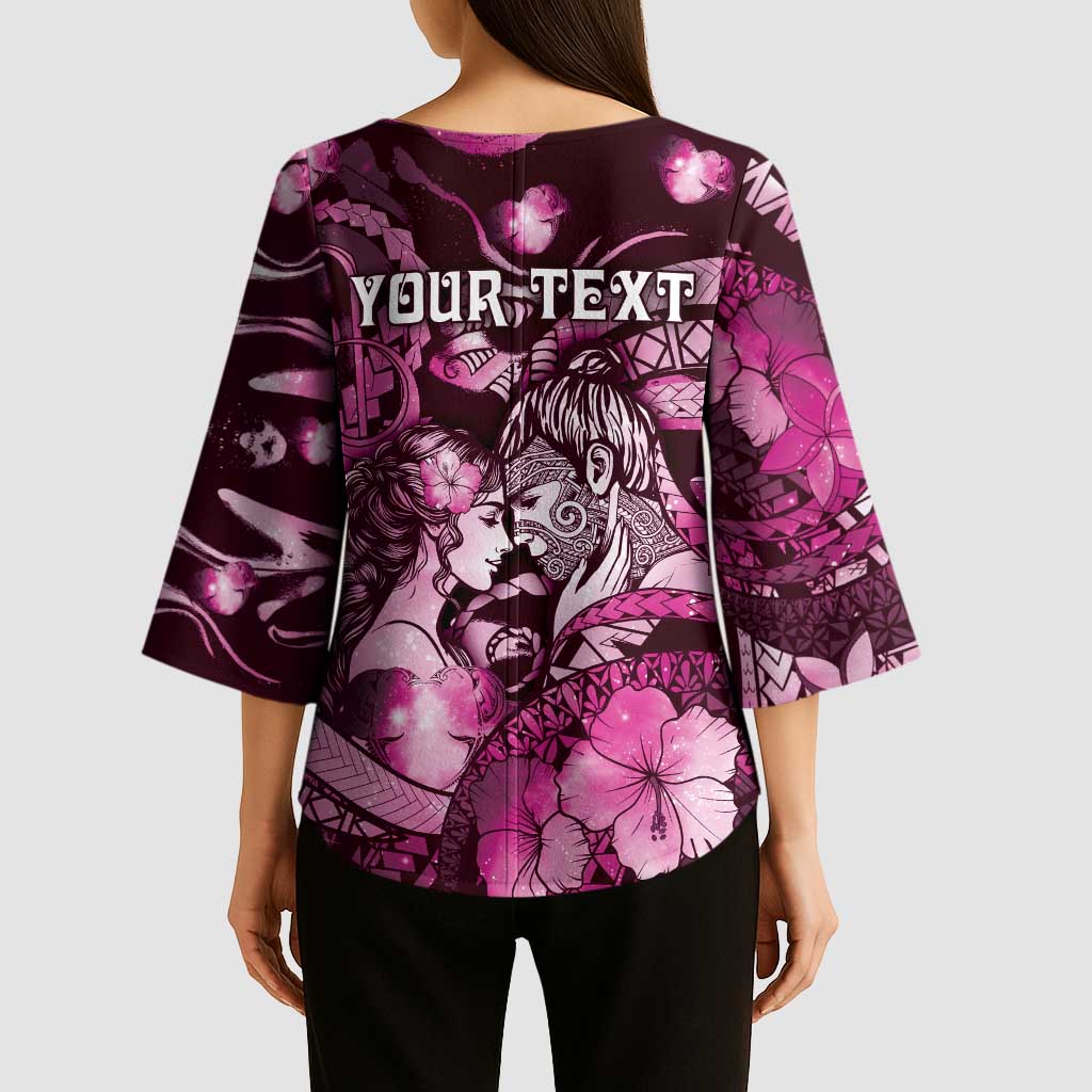 Personalised Maori Romantic Valentine Kimono Sleeve Blouse The Hongi Kiss Pink Galaxy