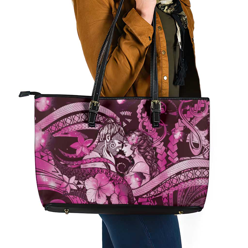 Maori Romantic Valentine Leather Tote Bag The Hongi Kiss Pink Galaxy DT05 - Polynesian Pride