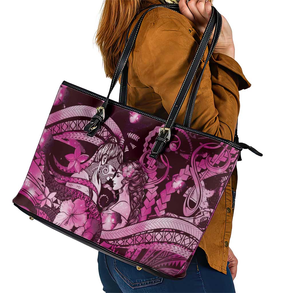 Maori Romantic Valentine Leather Tote Bag The Hongi Kiss Pink Galaxy DT05 - Polynesian Pride