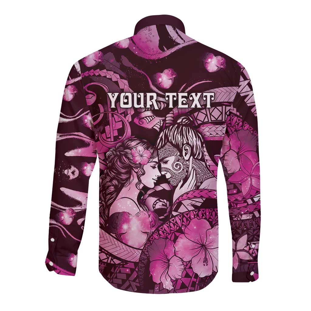 Personalised Maori Romantic Valentine Long Sleeve Button Shirt The Hongi Kiss Pink Galaxy DT05 - Polynesian Pride