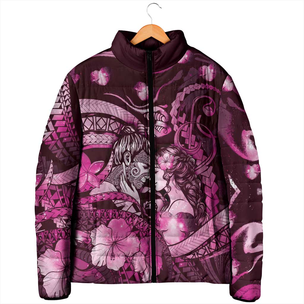 Personalised Maori Romantic Valentine Padded Jacket The Hongi Kiss Pink Galaxy