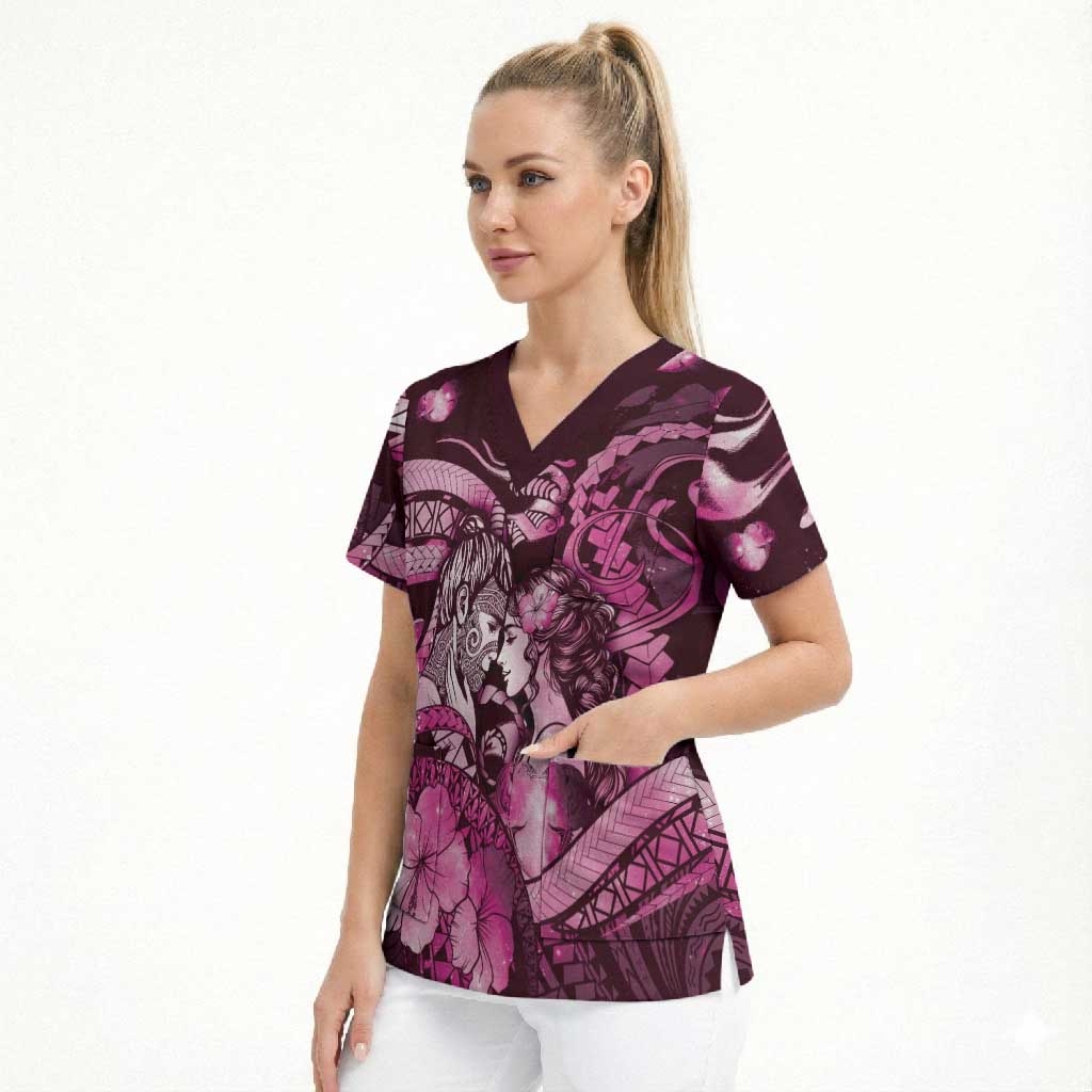 Personalised Maori Romantic Valentine Scrub Top The Hongi Kiss Pink Galaxy