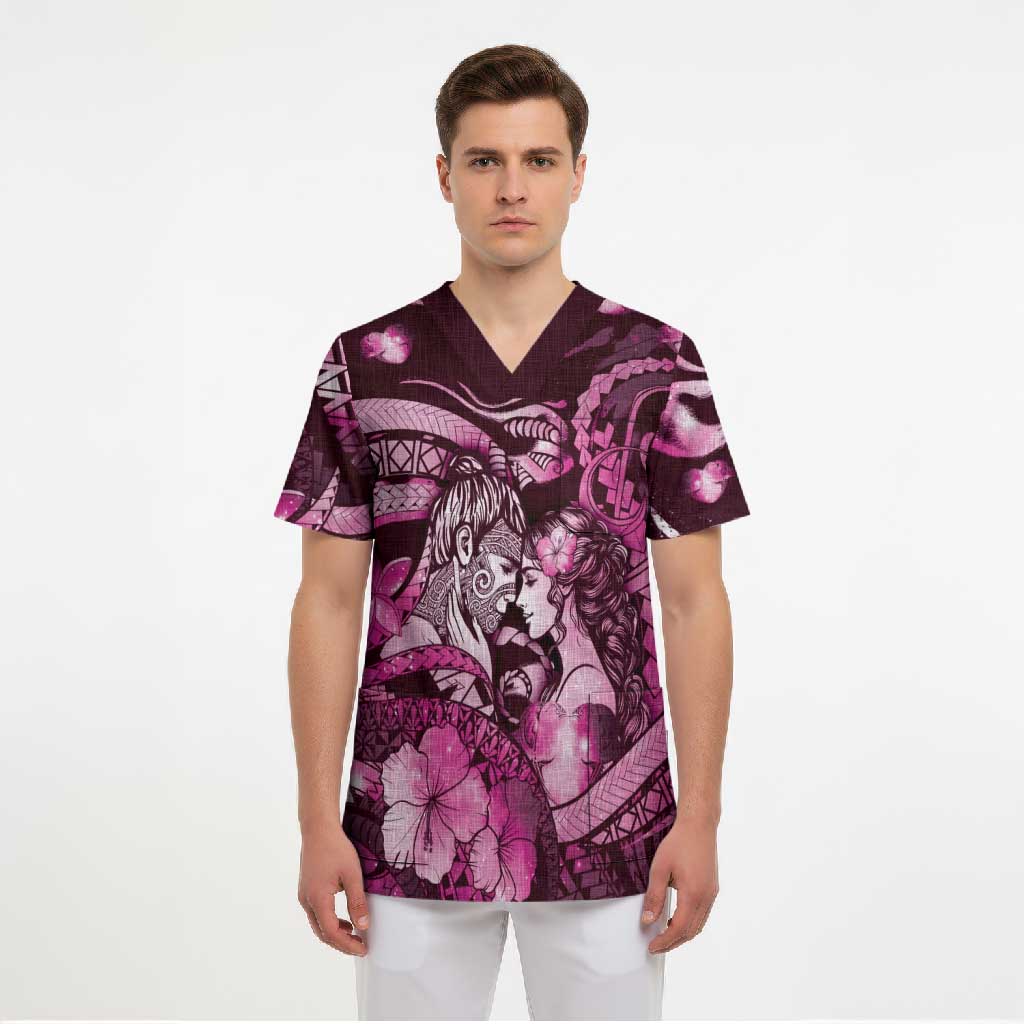 Personalised Maori Romantic Valentine Scrub Top The Hongi Kiss Pink Galaxy