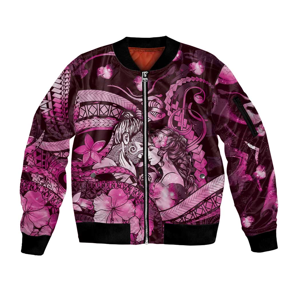 Personalised Maori Romantic Valentine Sleeve Zip Bomber Jacket The Hongi Kiss Pink Galaxy