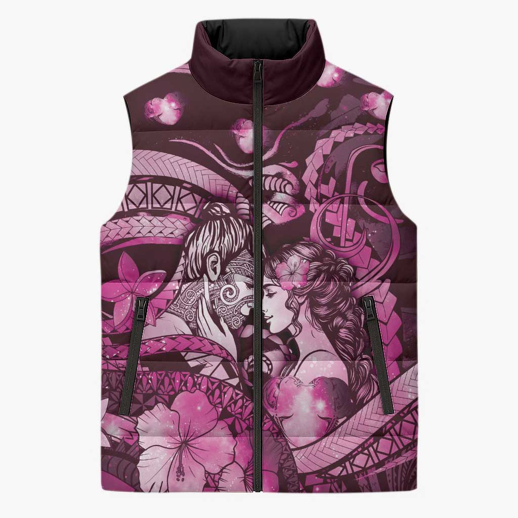 Personalised Maori Romantic Valentine Sleeveless Puffer Jacket The Hongi Kiss Pink Galaxy