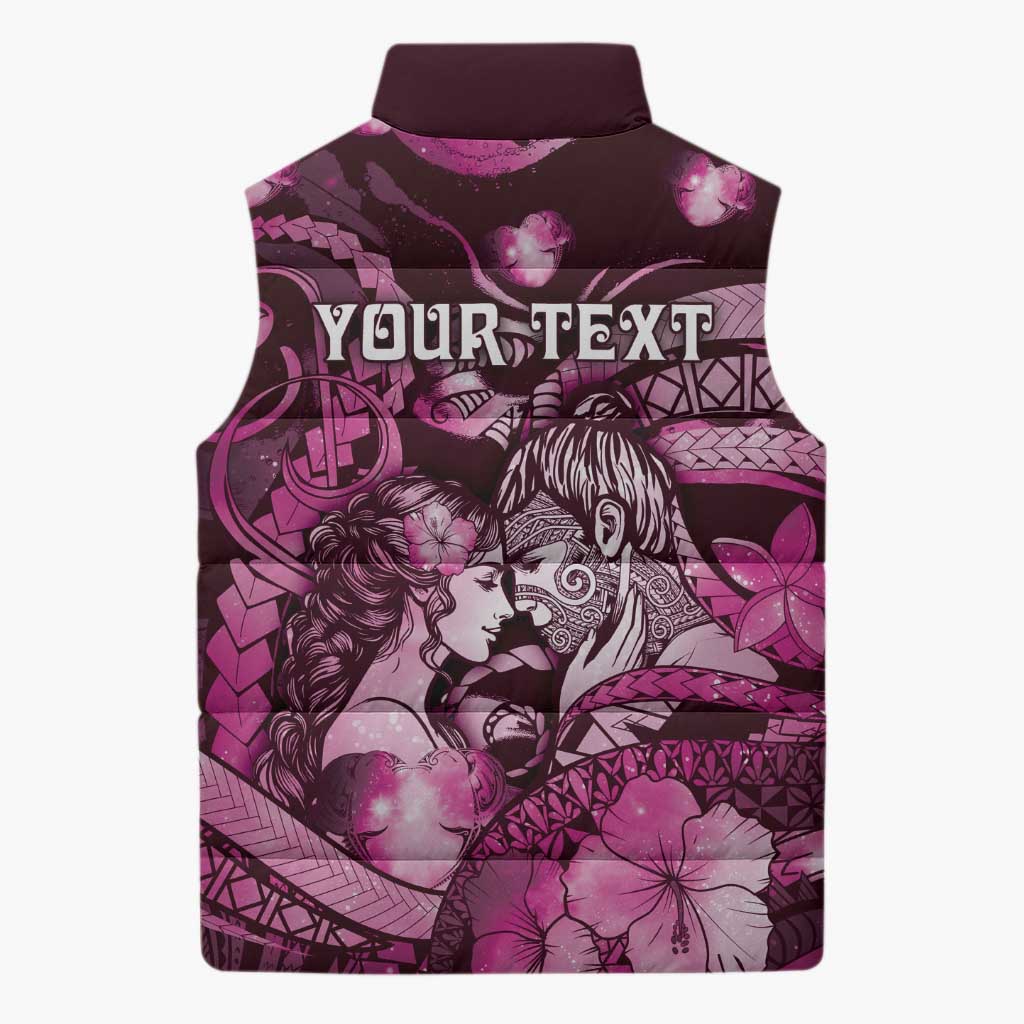 Personalised Maori Romantic Valentine Sleeveless Puffer Jacket The Hongi Kiss Pink Galaxy