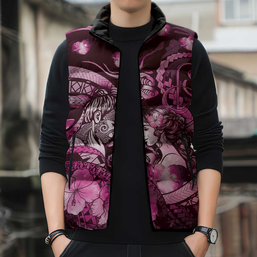Personalised Maori Romantic Valentine Sleeveless Puffer Jacket The Hongi Kiss Pink Galaxy