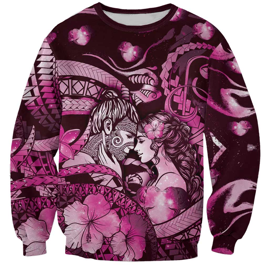 Personalised Maori Romantic Valentine Sweatshirt The Hongi Kiss Pink Galaxy