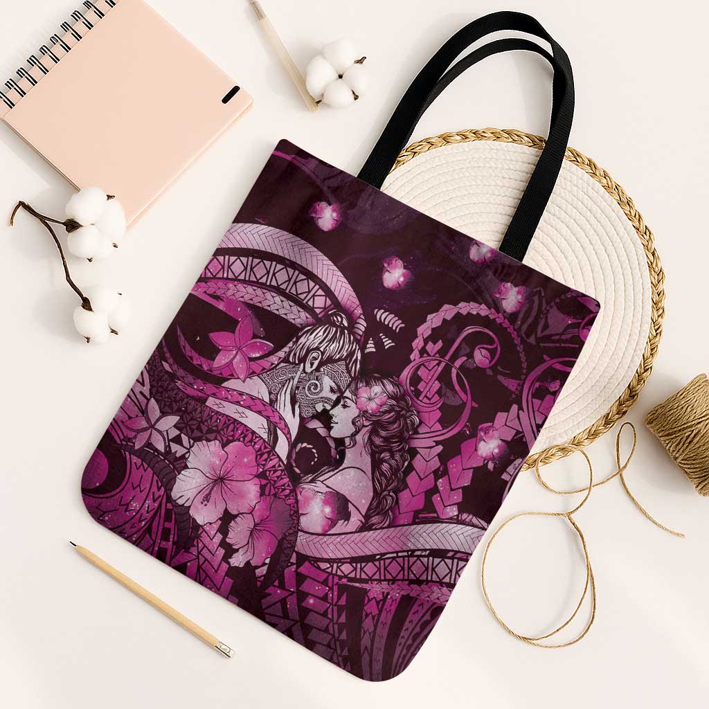 Maori Romantic Valentine Tote Bag The Hongi Kiss Pink Galaxy