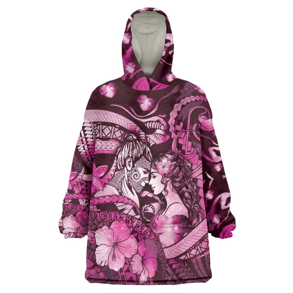 Personalised Maori Romantic Valentine Wearable Blanket Hoodie The Hongi Kiss Pink Galaxy DT05 One Size Pink - Polynesian Pride