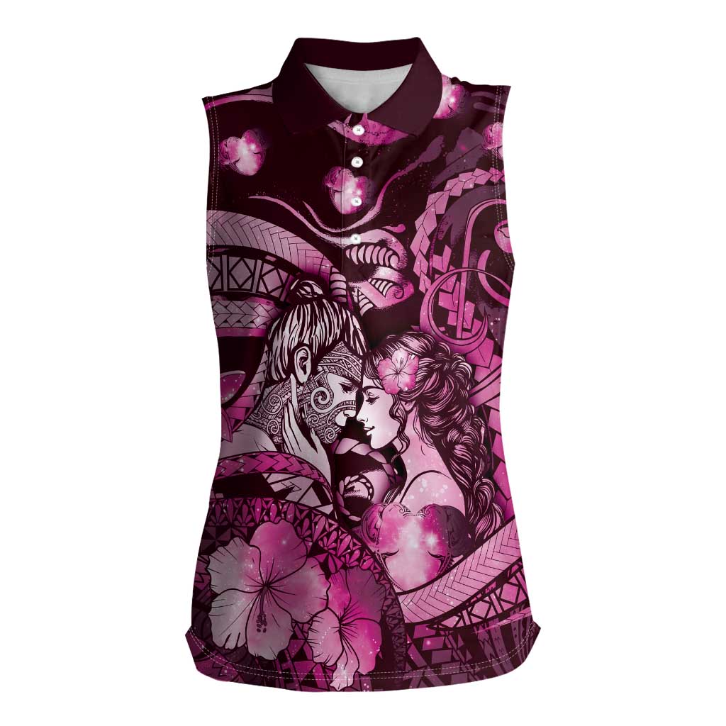 Personalised Maori Romantic Valentine Women Sleeveless Polo Shirt The Hongi Kiss Pink Galaxy