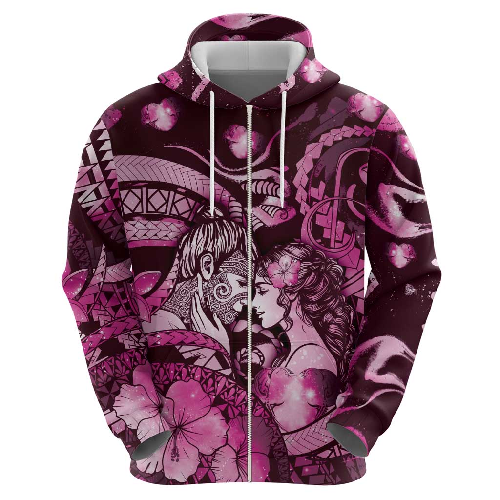 Personalised Maori Romantic Valentine Zip Hoodie The Hongi Kiss Pink Galaxy