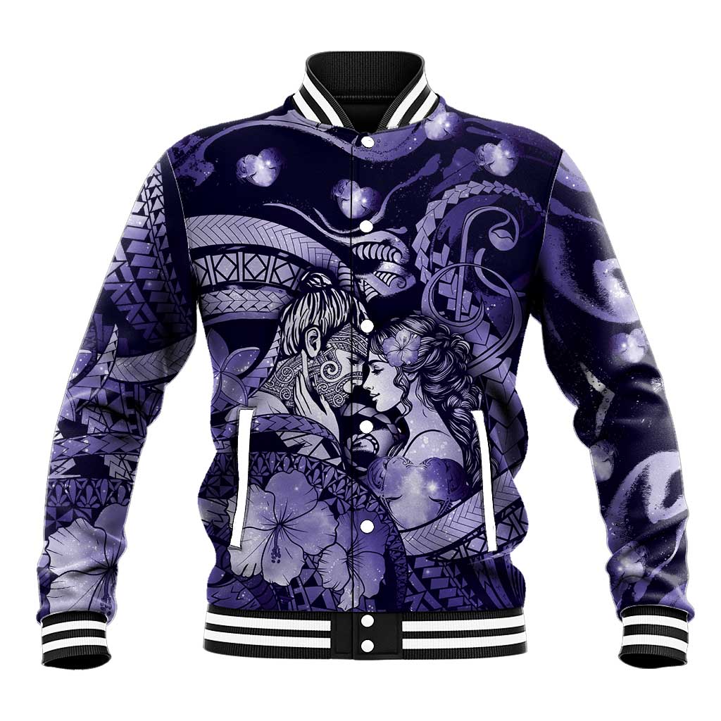 Personalised Maori Romantic Valentine Baseball Jacket The Hongi Kiss Purple Galaxy
