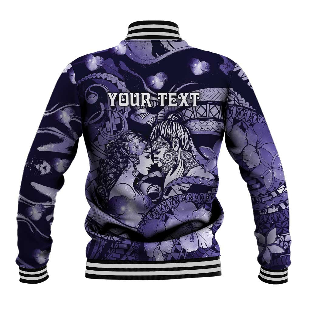 Personalised Maori Romantic Valentine Baseball Jacket The Hongi Kiss Purple Galaxy