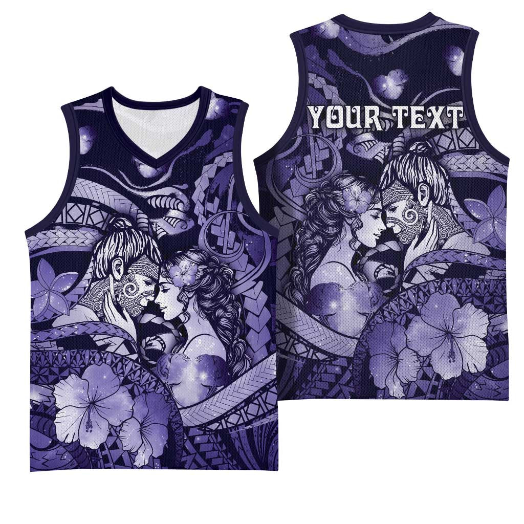 Personalised Maori Romantic Valentine Basketball Jersey The Hongi Kiss Purple Galaxy