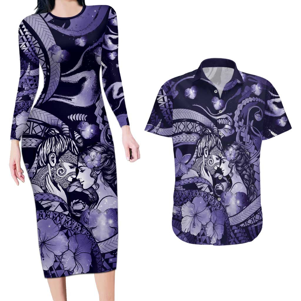 Personalised Maori Romantic Valentine Couples Matching Long Sleeve Bodycon Dress and Hawaiian Shirt The Hongi Kiss Purple Galaxy