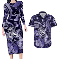 Personalised Maori Romantic Valentine Couples Matching Long Sleeve Bodycon Dress and Hawaiian Shirt The Hongi Kiss Purple Galaxy