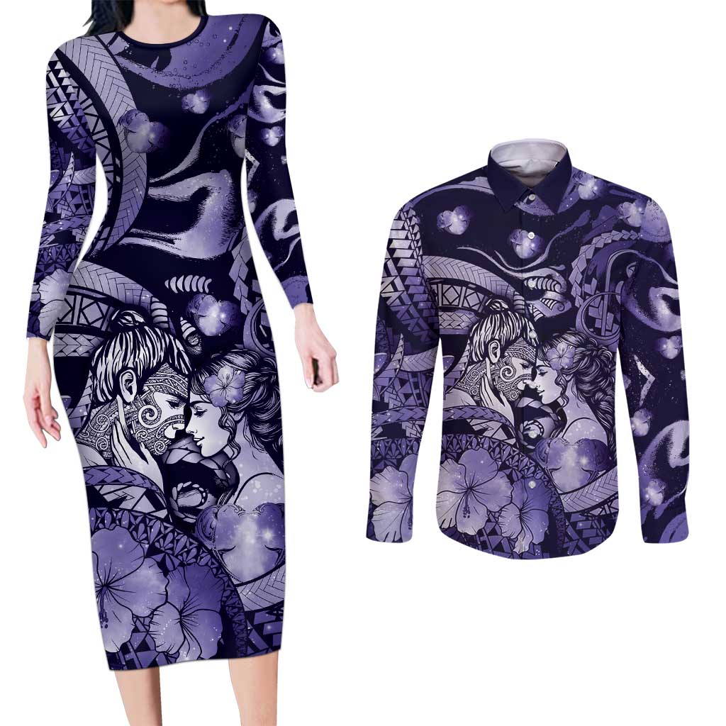 Personalised Maori Romantic Valentine Couples Matching Long Sleeve Bodycon Dress and Long Sleeve Button Shirt The Hongi Kiss Purple Galaxy