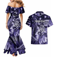 Personalised Maori Romantic Valentine Couples Matching Mermaid Dress and Hawaiian Shirt The Hongi Kiss Purple Galaxy