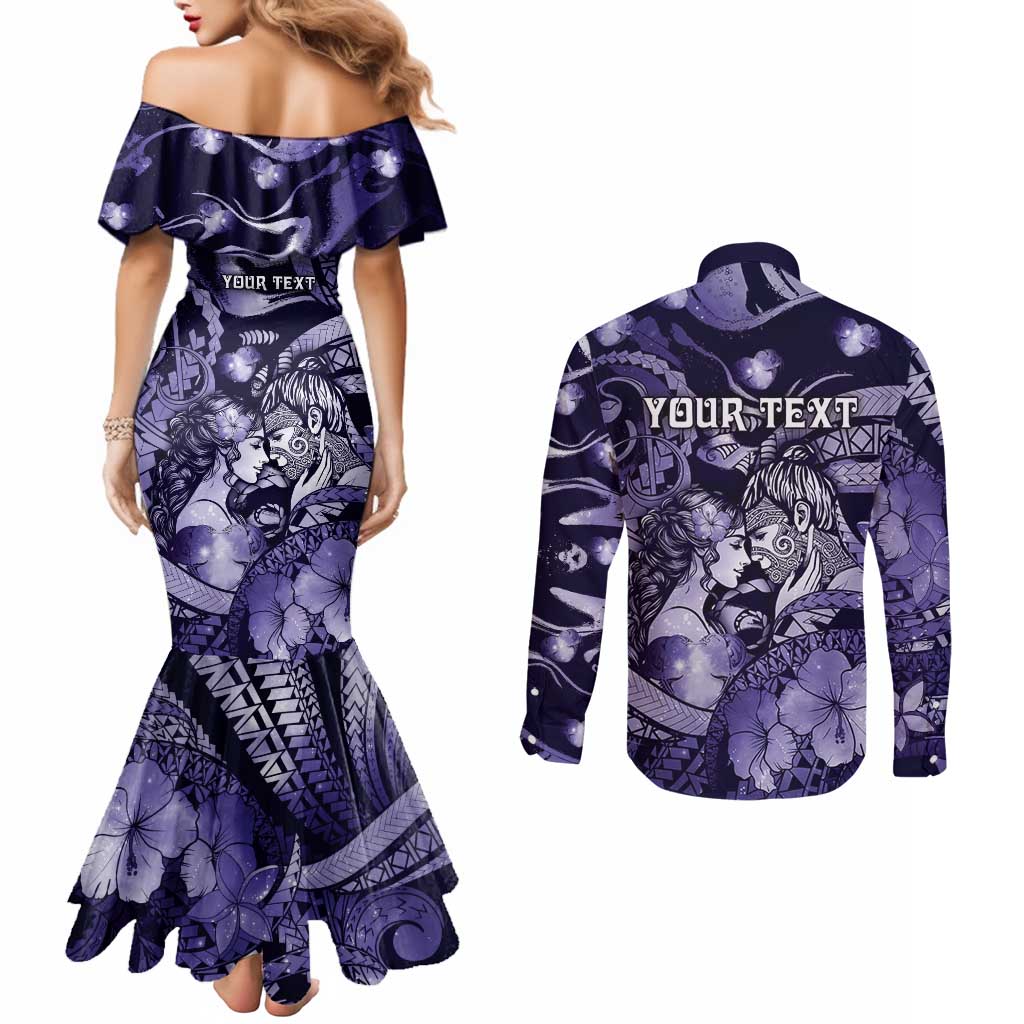 Personalised Maori Romantic Valentine Couples Matching Mermaid Dress and Long Sleeve Button Shirt The Hongi Kiss Purple Galaxy