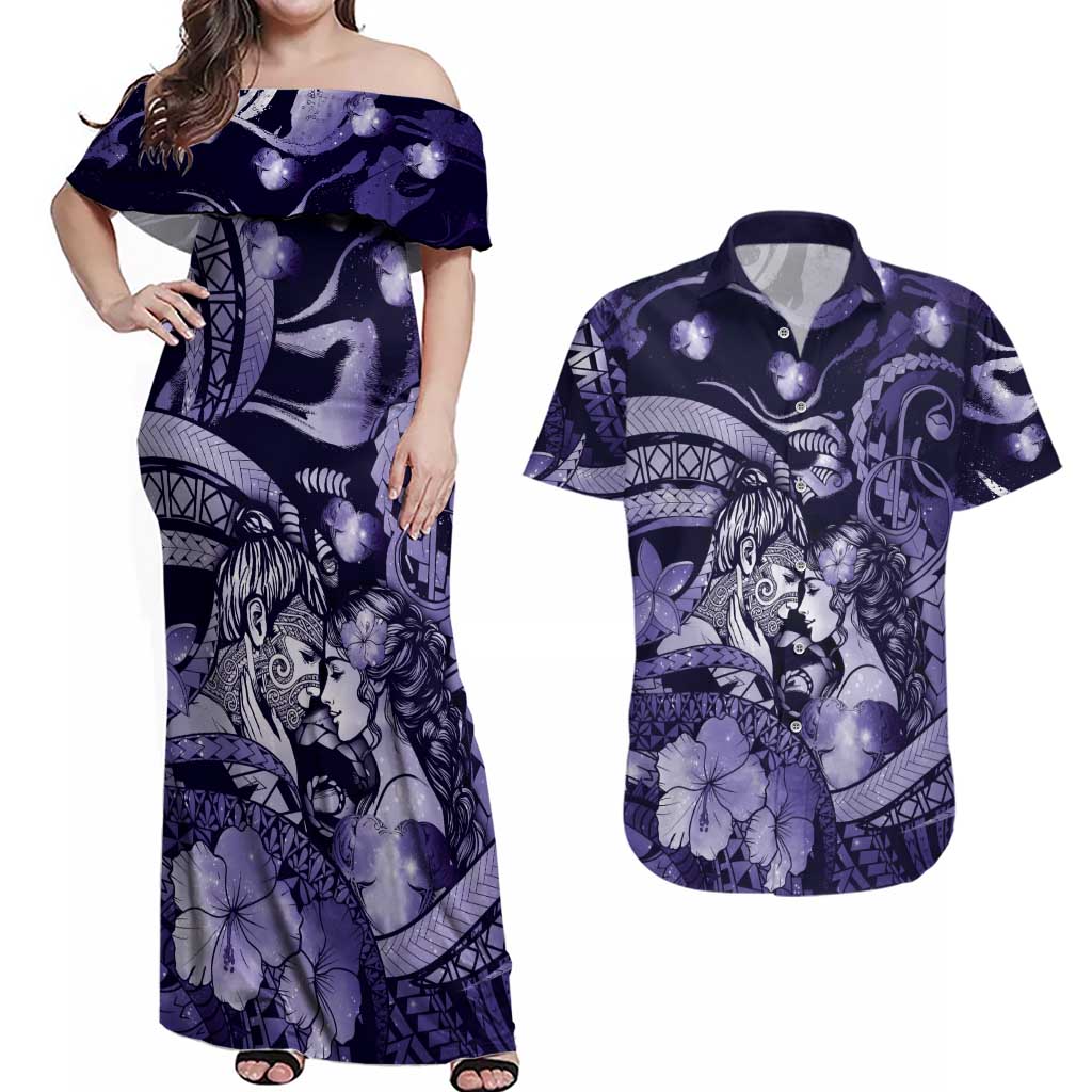 Personalised Maori Romantic Valentine Couples Matching Off Shoulder Maxi Dress and Hawaiian Shirt The Hongi Kiss Purple Galaxy